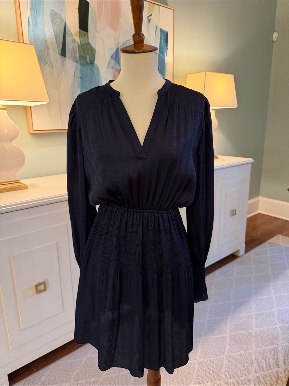 ba&sh - Classic Navy Long-Sleeve V-Neck Waist-Defined Dress